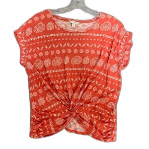 Lucky Brand Top M Coral White Cap Sleeves Botanical Paisley Print Boho Chic